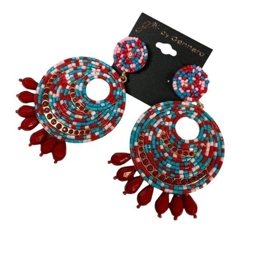 Multicolor artisan seed beaded circle dangle earrings Boho‎ resort